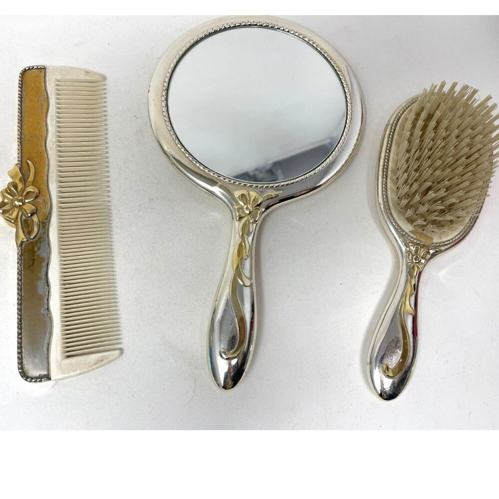 Vtg Silver Plated & Gold Vanity Beauty Set Art Nouveau Floral Mirror Brush Comb